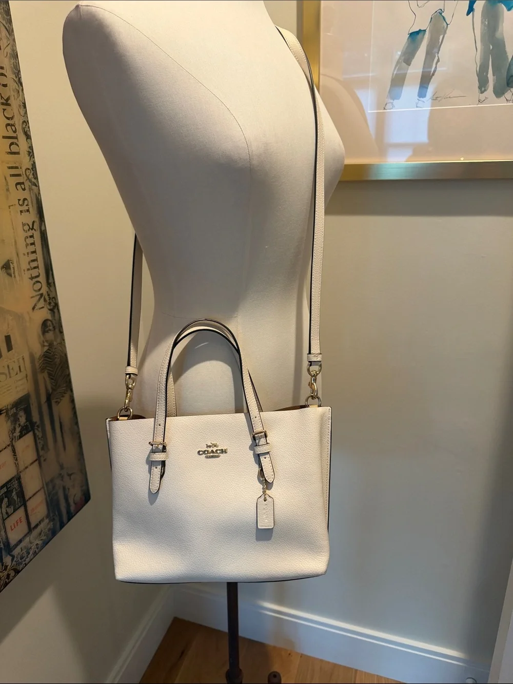 Coach C4084 Mollie Tote Bag Cream Pebble Leather Shoulder Bag with Gold Hardware